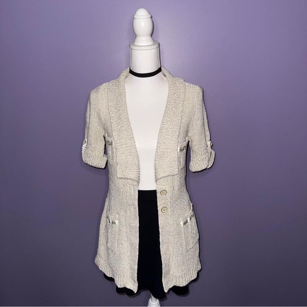 White House Black Market Cream Short Sleeve Cardigan
